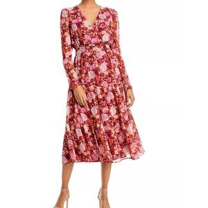 WAYF Roxanne Puff Sleeve Surplice Tiered Midi Dress, Red Roses, Size 1X